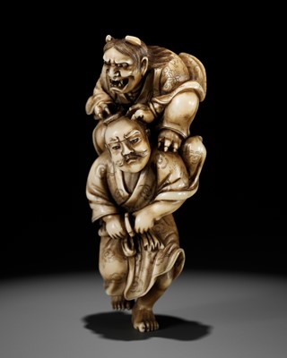 Lot 172 - IKKOSAI: A POWERFUL IVORY NETSUKE OF OMORI HIKOSHICHI ENCOUNTERING THE DEMONESS