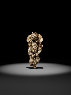 Lot 172 - IKKOSAI: A POWERFUL IVORY NETSUKE OF OMORI HIKOSHICHI ENCOUNTERING THE DEMONESS