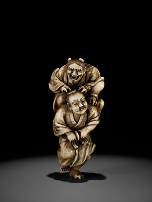 Lot 172 - IKKOSAI: A POWERFUL IVORY NETSUKE OF OMORI HIKOSHICHI ENCOUNTERING THE DEMONESS