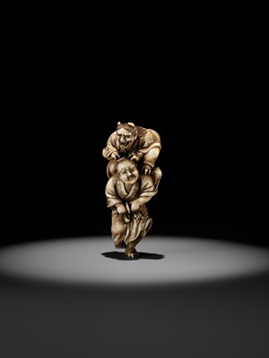 Lot 172 - IKKOSAI: A POWERFUL IVORY NETSUKE OF OMORI HIKOSHICHI ENCOUNTERING THE DEMONESS