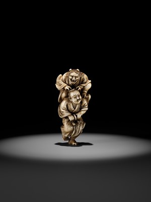 Lot 172 - IKKOSAI: A POWERFUL IVORY NETSUKE OF OMORI HIKOSHICHI ENCOUNTERING THE DEMONESS