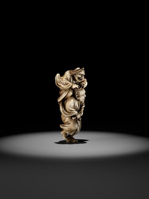 Lot 172 - IKKOSAI: A POWERFUL IVORY NETSUKE OF OMORI HIKOSHICHI ENCOUNTERING THE DEMONESS