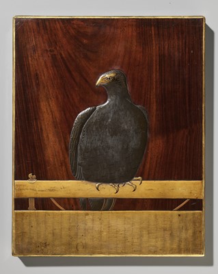Lot 35 - A FINE LACQUERED WOOD BUNKO (DOCUMENT BOX) DEPICTING A FALCON AND MOUNT FUJI