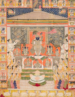 Lot 647 - A PICCHVAI DEPICTING SHRI NATHJI BEING WORSHIPPED DURING ANNAKUT, THE FESTIVAL OF FIFTY-SIX OFFERINGS, 19TH CENTURY