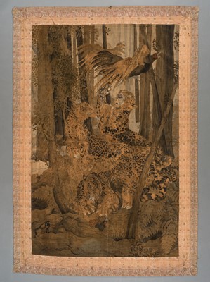 Lot 740 - A LARGE TAPESTRY WITH LEOPARDS HUNTING PHEASANTS