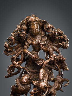 Lot 13 - A FINELY CAST AND PUBLISHED COPPER FIGURE OF DURGA, NEPAL, 15TH-16TH CENTURY