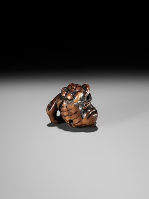 A WOOD NETSUKE OF A SHISHI SCRATCHING ITS JOWL, ATTRIBUTED TO RISUKE GARAKU