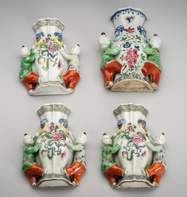 Lot 1898 - A GROUP OF FOUR FAMILLE ROSE PORCELAIN WALL VASES WITH TWIN BOYS, 18TH TO 19TH CENTURY