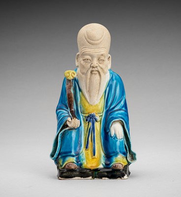 Lot 1969 - AN ENAMELED BISCUIT PORCELAIN FIGURE OF SHOULAO, 19TH CENTURY