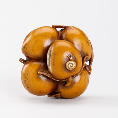 Lot 1409 - GYOKUMINSAI: AN IVORY NETSUKE OF PEACHES AND THREE VIEWS OF MOUNT FUJI