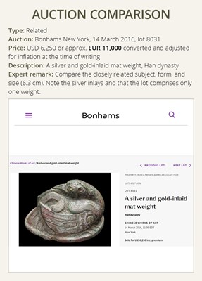 Lot 325 - A PAIR OF GILT BRONZE BIRD-FORM MAT WEIGHTS, HAN DYNASTY