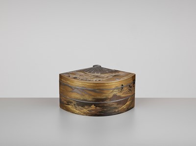 Lot 131 - AN EXCEPTIONAL TIERED LACQUER BOX WITH THE EIGHT VIEWS OF LAKE BIWA (OMI HAKKEI)