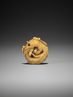 Lot 14 - AN IVORY NETSUKE OF A COILED ONE-HORNED DRAGON