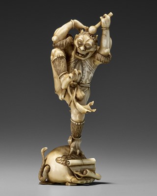 Lot 371 - JISEI: AN IVORY OKIMONO OF AN ONI STARTLED BY A SNAKE EMERGING FROM A MOKUGYO