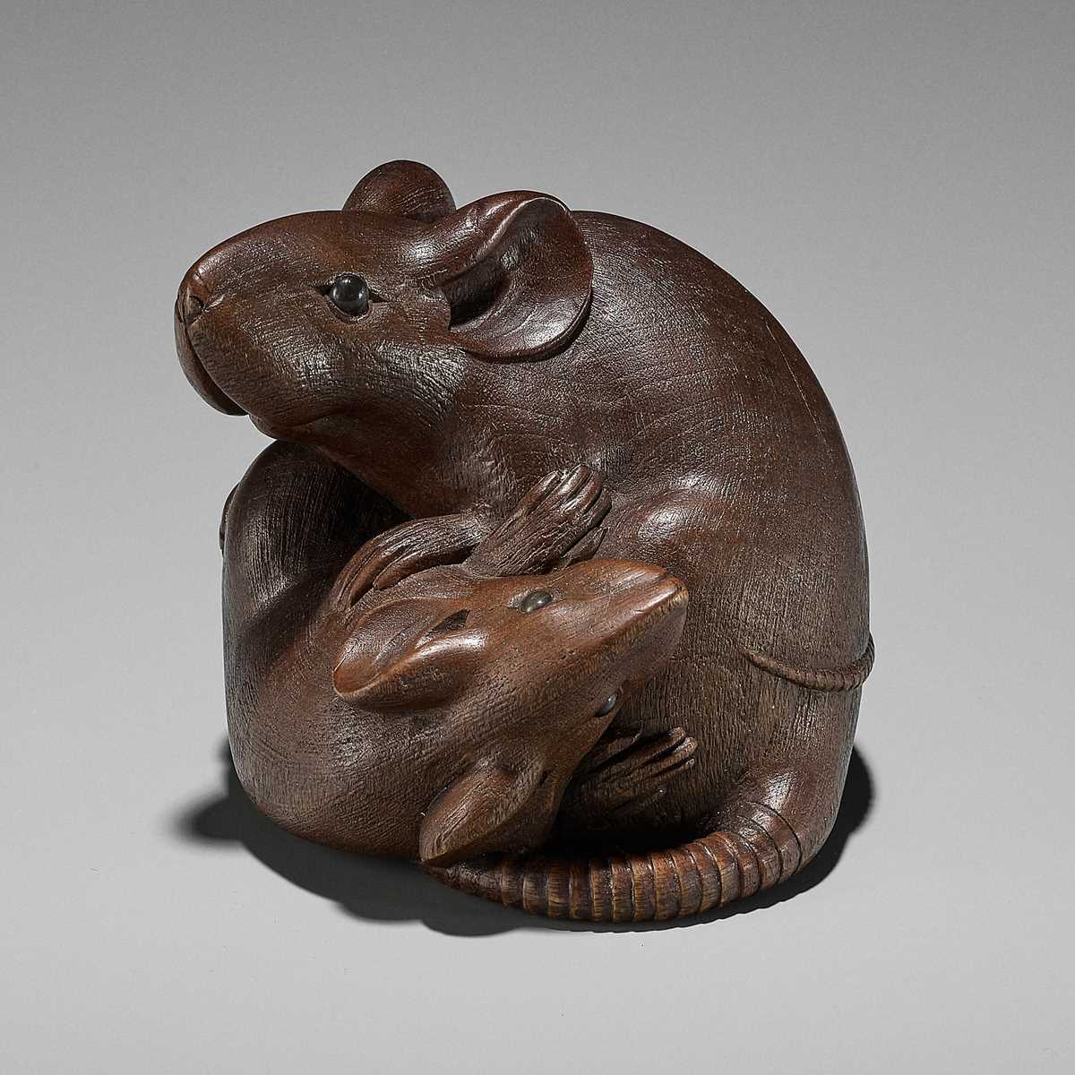 Lot 308 - GYOKUMIN: A SUPERB NAGOYA SCHOOL WOOD OKIMONO OF TWO RATS