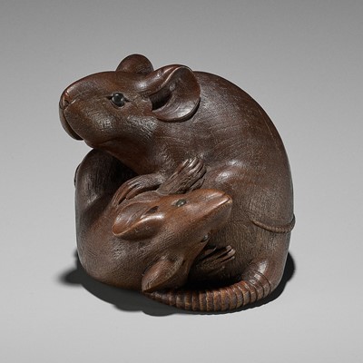 Lot 308 - GYOKUMIN: A SUPERB NAGOYA SCHOOL WOOD OKIMONO OF TWO RATS