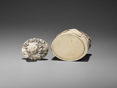 Lot 25 - GYOKUSAI: AN IVORY TUSK BOX AND COVER WITH DARUMA AND RATS