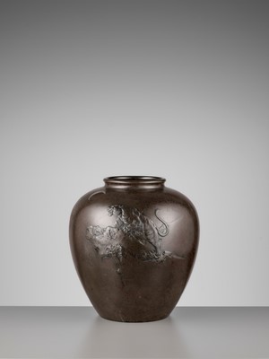 Lot 5 - SEIGYOKU: A MASSIVE SILVER-INLAID BRONZE VASE WITH A TIGER AND CRESCENT MOON