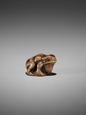 Lot 33 - AN EARLY WOOD NETSUKE OF A TOAD