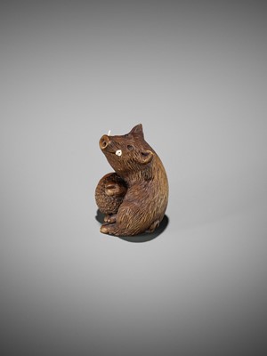 Lot 506 - DERKACHENKO: A WOOD NETSUKE OF A BOAR WITH ACORN