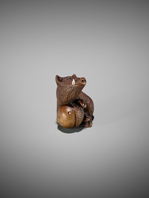 Lot 506 - DERKACHENKO: A WOOD NETSUKE OF A BOAR WITH ACORN