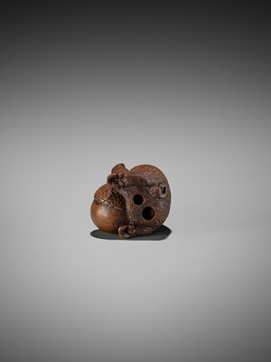 Lot 506 - DERKACHENKO: A WOOD NETSUKE OF A BOAR WITH ACORN