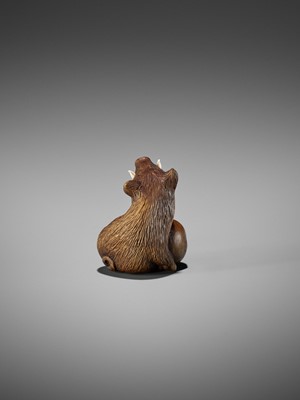 Lot 506 - DERKACHENKO: A WOOD NETSUKE OF A BOAR WITH ACORN