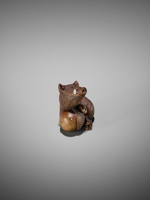 Lot 506 - DERKACHENKO: A WOOD NETSUKE OF A BOAR WITH ACORN
