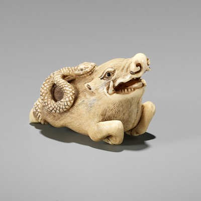 MASAYUME: AN IVORY NETSUKE OF A BOAR AND SNAKE