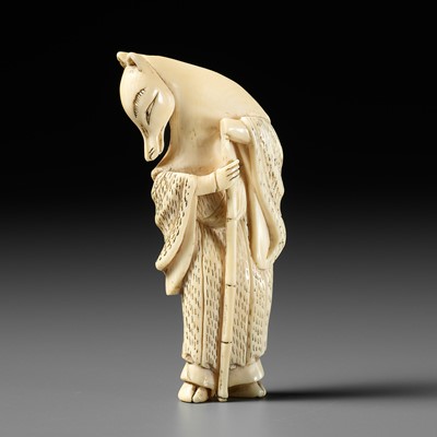 Lot 408 - AN IVORY NETSUKE OF A FOX PRIEST (HAKUZOSU)