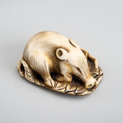 Lot 395 - MASANAO: AN IVORY NETSUKE OF A RESTING BOAR