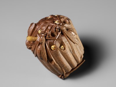 Lot 105 - TADAKAZU: A FINE WOOD NETSUKE OF A WASP NEST WITH MOVABLE LARVAE