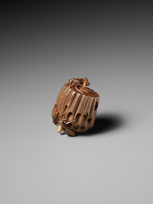 Lot 105 - TADAKAZU: A FINE WOOD NETSUKE OF A WASP NEST WITH MOVABLE LARVAE