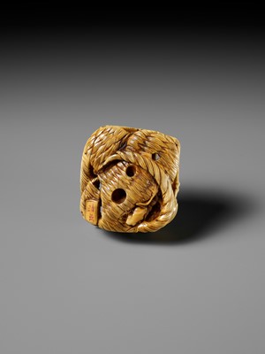 Lot 493 - SEIMIN: A FINE WALRUS TUSK NETSUKE OF TEN FROG MUSICIANS ON A SANDAL
