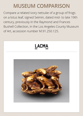 Lot 493 - SEIMIN: A FINE WALRUS TUSK NETSUKE OF TEN FROG MUSICIANS ON A SANDAL