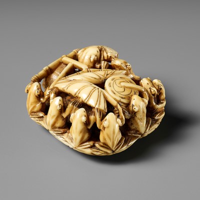 Lot 493 - SEIMIN: A FINE WALRUS TUSK NETSUKE OF TEN FROG MUSICIANS ON A SANDAL