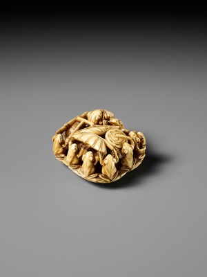 Lot 493 - SEIMIN: A FINE WALRUS TUSK NETSUKE OF TEN FROG MUSICIANS ON A SANDAL