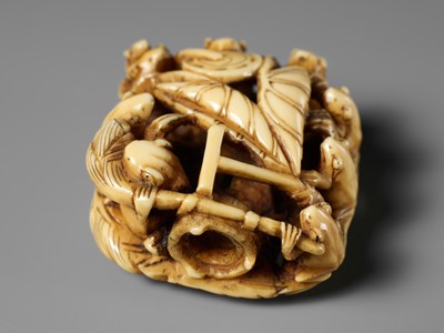 Lot 493 - SEIMIN: A FINE WALRUS TUSK NETSUKE OF TEN FROG MUSICIANS ON A SANDAL