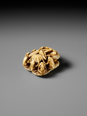 Lot 493 - SEIMIN: A FINE WALRUS TUSK NETSUKE OF TEN FROG MUSICIANS ON A SANDAL