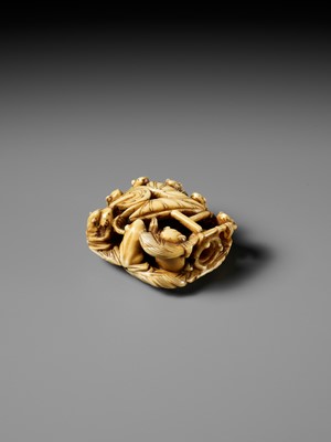 Lot 493 - SEIMIN: A FINE WALRUS TUSK NETSUKE OF TEN FROG MUSICIANS ON A SANDAL