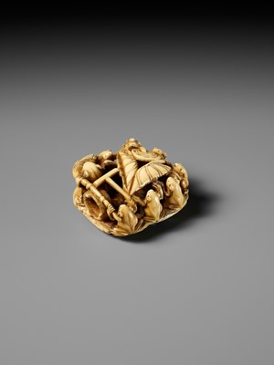 Lot 493 - SEIMIN: A FINE WALRUS TUSK NETSUKE OF TEN FROG MUSICIANS ON A SANDAL