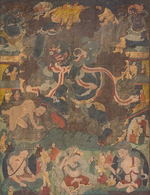 Lot 307 - A VERY LARGE THANGKA OF A WRATHFUL PROTECTOR AND MAHASIDDHAS, TIBET, 18TH-19TH CENTURY