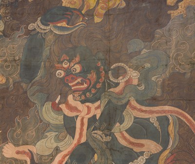 Lot 307 - A VERY LARGE THANGKA OF A WRATHFUL PROTECTOR AND MAHASIDDHAS, TIBET, 18TH-19TH CENTURY