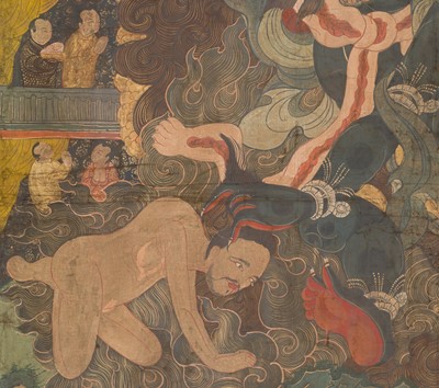 Lot 307 - A VERY LARGE THANGKA OF A WRATHFUL PROTECTOR AND MAHASIDDHAS, TIBET, 18TH-19TH CENTURY