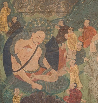 Lot 307 - A VERY LARGE THANGKA OF A WRATHFUL PROTECTOR AND MAHASIDDHAS, TIBET, 18TH-19TH CENTURY