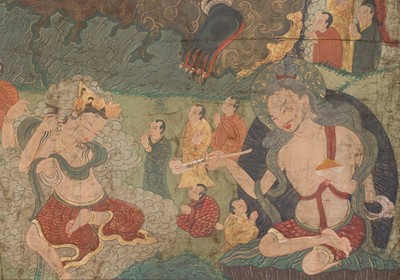 Lot 307 - A VERY LARGE THANGKA OF A WRATHFUL PROTECTOR AND MAHASIDDHAS, TIBET, 18TH-19TH CENTURY