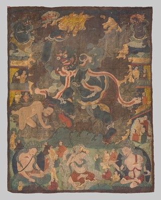 Lot 307 - A VERY LARGE THANGKA OF A WRATHFUL PROTECTOR AND MAHASIDDHAS, TIBET, 18TH-19TH CENTURY