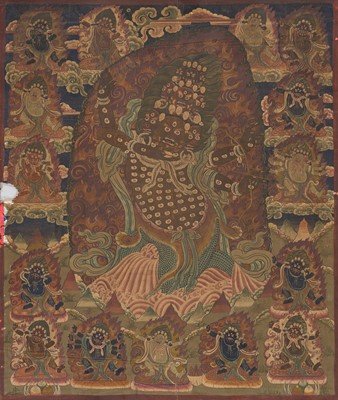 A LARGE THANGKA OF NYINGMA PROTECTOR RAHULA AND HIS FIFTEEN-DEITY ASSEMBLY, 19TH CENTURY