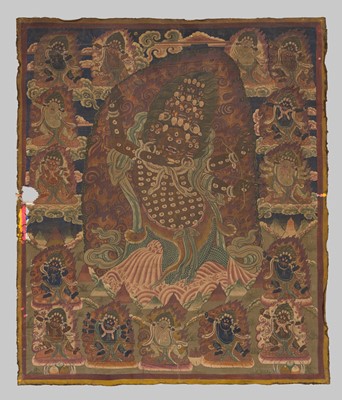 A LARGE THANGKA OF NYINGMA PROTECTOR RAHULA AND HIS FIFTEEN-DEITY ASSEMBLY, 19TH CENTURY