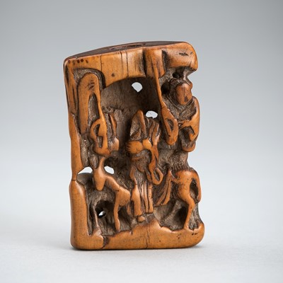 A WOOD NETSUKE OF A CHINESE SCHOLARS AND MULE, EDO PERIOD